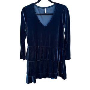 Magdalena Vintage Y2K Velvet Tiered Empire Waist Navy Long Sleeve V-Neck Dress M